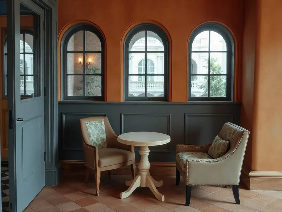 Quiet upholstered chairs beside a pale oak table, with leafy textiles in gentle evening light.