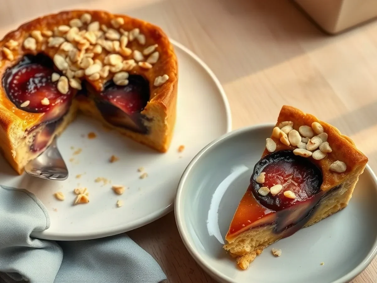 Warm plum clafoutis with toasted almonds on pale ceramic beside a clay blue napkin.