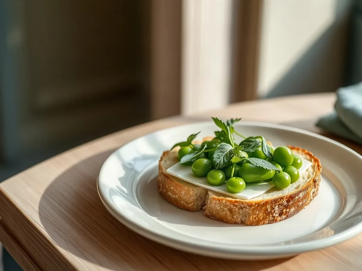 Garden peas and fresh herbs on crisp country bread, lit softly against pale ceramic and oak.