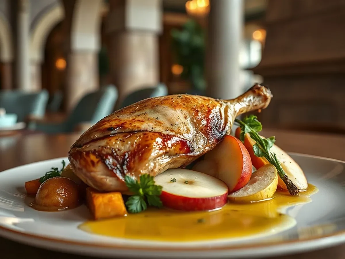 Golden roast chicken with orchard apple and vegetables on pale ceramic in warm light.