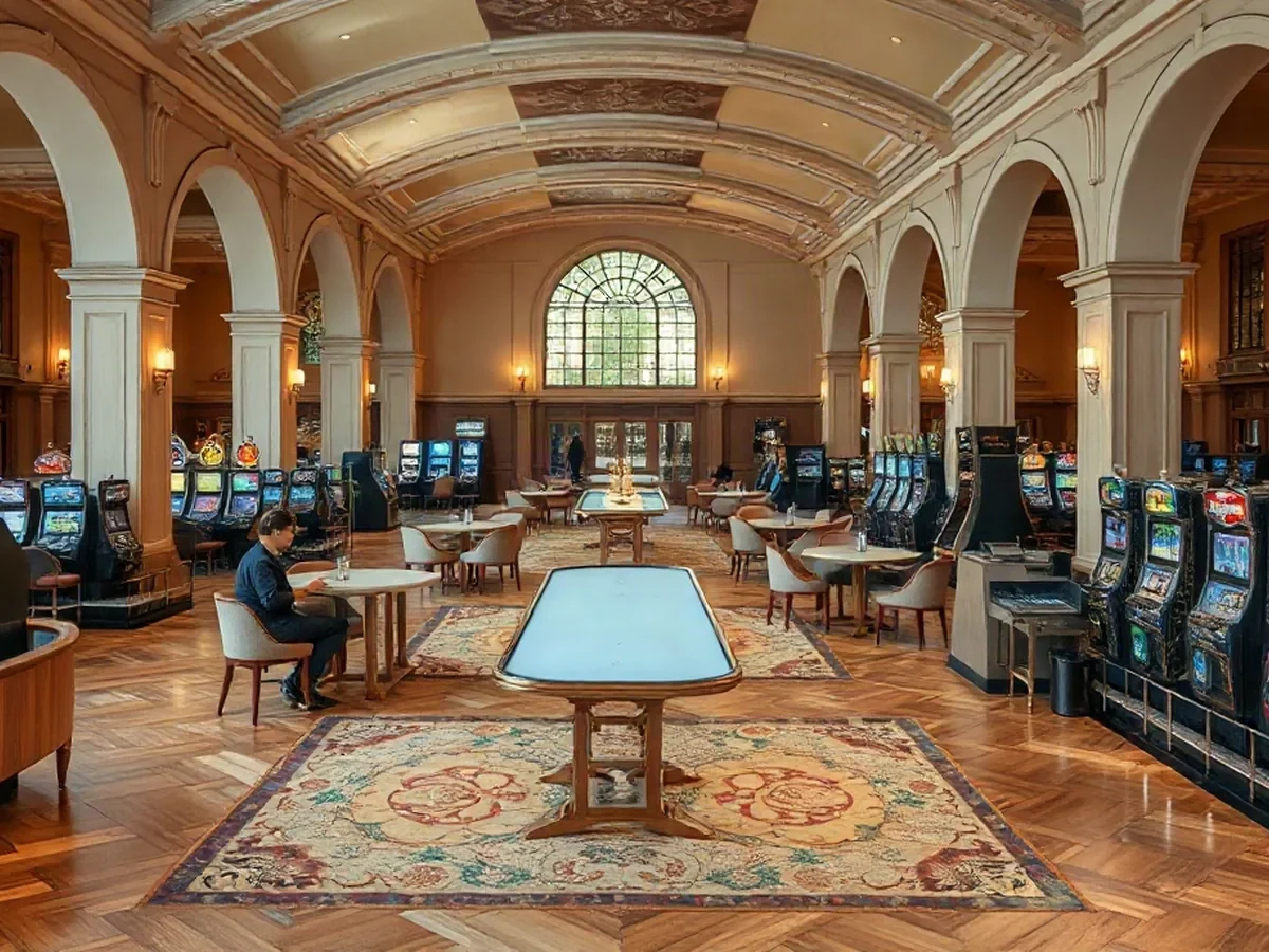 Physical gaming tables and machines beneath arches, with clay blue lacquer and warm evening light.