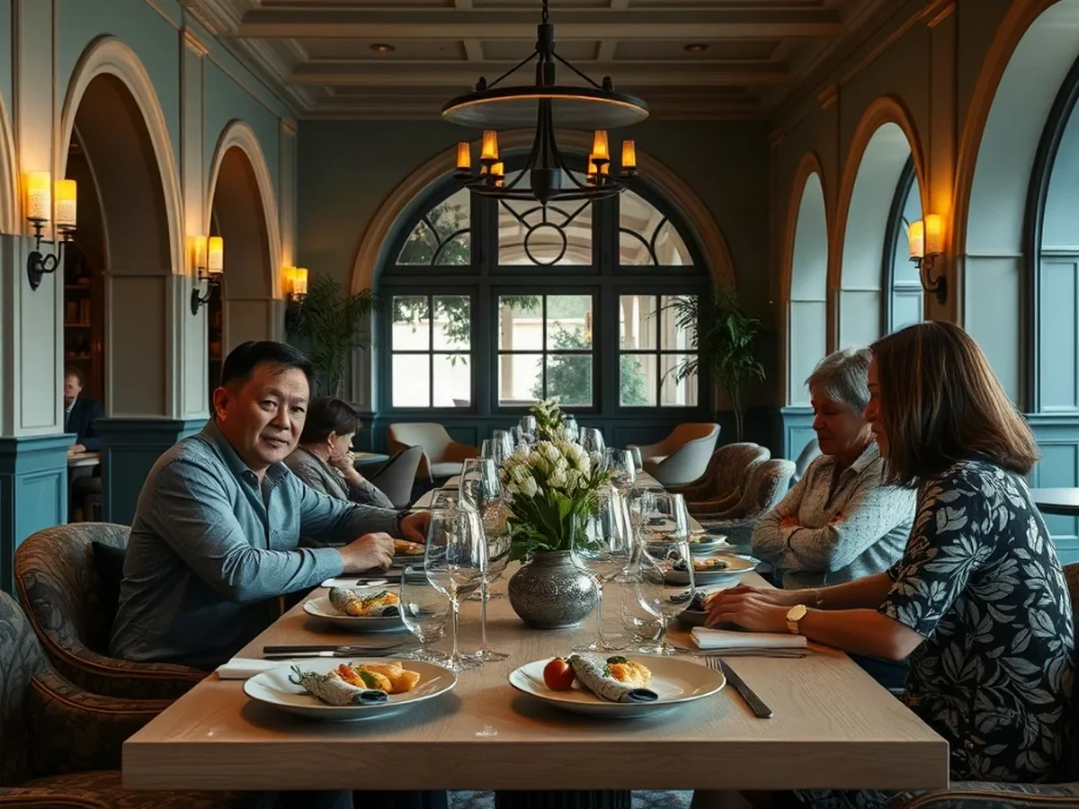 Adults sharing a meal at a pale oak table beneath leafy textiles and soft evening light.
